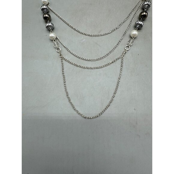 Silver Multilayered Necklace With Pearlescent & Metallic Beads 40" READ - Picture 5 of 5